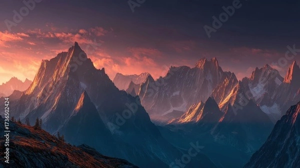 Fototapeta Majestic Mountain Range at Sunset with Vibrant Skies and Shadows