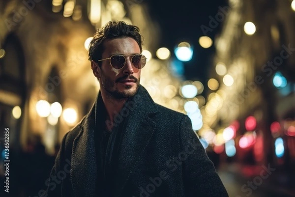 Fototapeta Stylish Man in Sunglasses Walking at Night in City with Bokeh Lights
