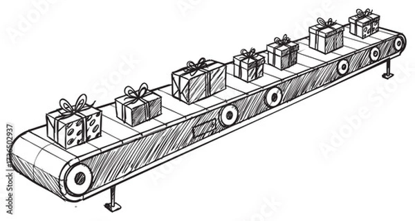 Fototapeta Gift-wrapped presents on conveyor belt illustration depicting factory production process – retro hand drawn illustration