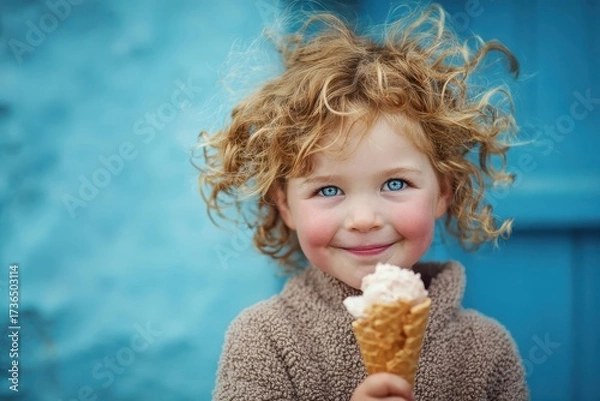 Fototapeta Happy Child Enjoying Ice Cream Cone with Playful Expression