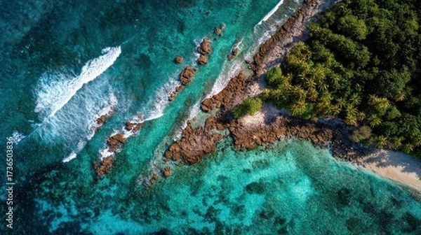 Fototapeta Aerial View of Pristine Tropical Island with Turquoise Waters and Rocks
