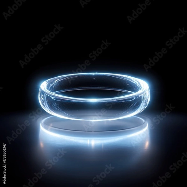 Fototapeta Glowing Ring: The image shows a glowing, translucent ring against a dark background, its ethereal radiance creating a mesmerizing spectacle. The ring appears to hover, casting a subtle reflection.