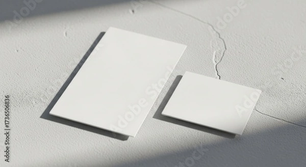 Fototapeta Two blank white cards casting soft shadows on a textured concrete surface with dappled light