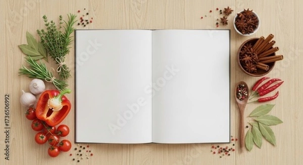 Fototapeta Blank recipe book surrounded by fresh ingredients and aromatic spices for culinary inspiration