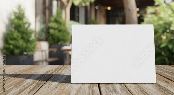 Fototapeta Blank white square sign displayed on a weathered wooden table with lush greenery in the background