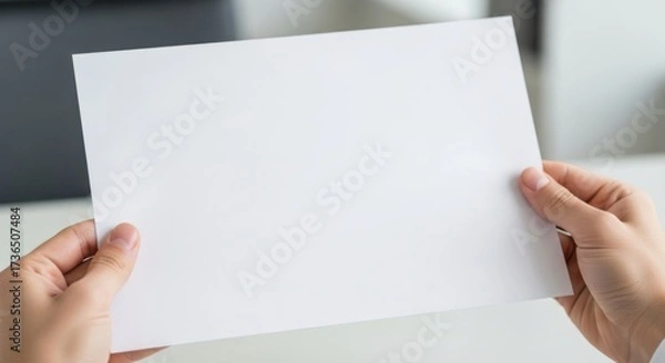 Fototapeta Hands holding a blank white square paper for creative design and presentation purposes