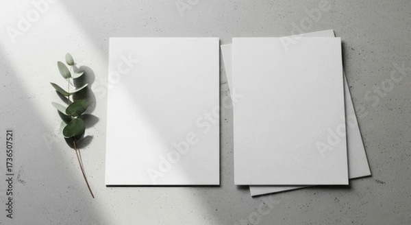 Fototapeta Blank white greeting cards and a sprig of eucalyptus casting soft shadows on a textured surface