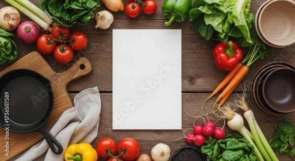 Fototapeta Fresh garden vegetables arranged around a blank recipe card on a rustic wooden table