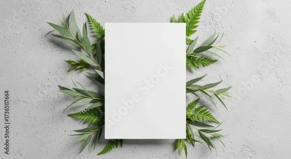 Fototapeta Blank white card surrounded by lush greenery and delicate fern fronds on a textured surface