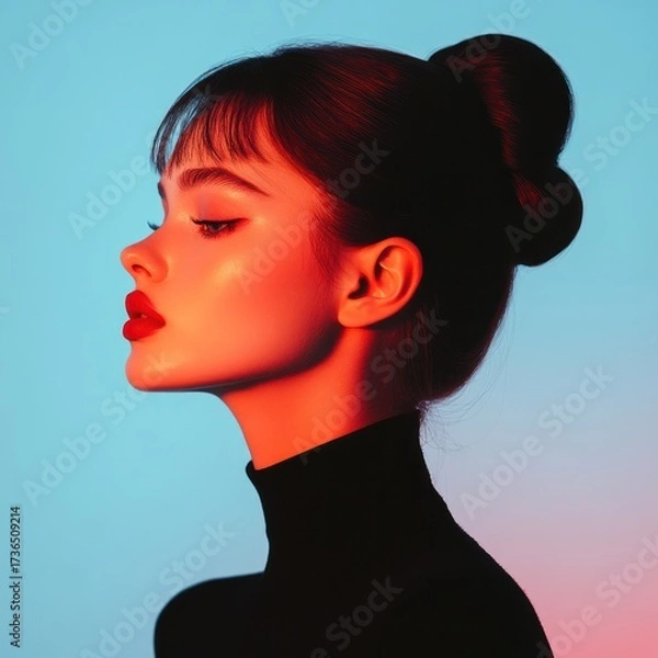 Fototapeta Radiant Profile: A captivating profile of a woman with an elegant updo and bold red lips, illuminated by a striking contrast of light and shadow, creating a glamorous and alluring portrait.