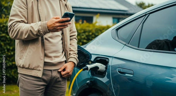 Obraz Electric Car Charging and Using Smartphone