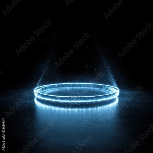 Fototapeta Futuristic Illuminated Ring on Platform: A mesmerizing, digitally rendered, glowing neon circle levitates above a textured floor, emitting light, an ode to modern technology and data visualization.