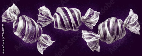 Obraz Illustrative Candy Pieces with Swirling Patterns and Sparkly Accents Against a Dark Background