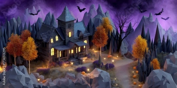 Obraz Isometric 3D Halloween Scene Featuring Haunted House Surrounded by Autumn Trees and Bats Under Purple Sky