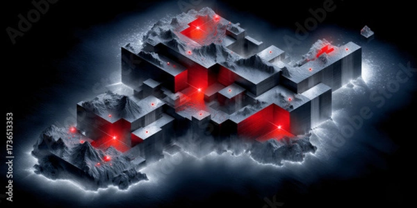Obraz Isometric 3D Map Depiction of South Africa with Glowing Outlines and Red Accents
