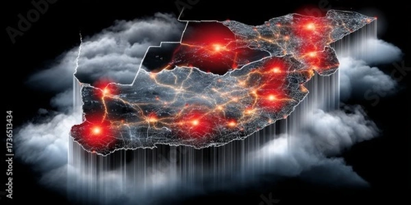 Obraz Isometric 3D Map of South Africa with Glowing Outlines and Interconnected Networks Against a Dark Background