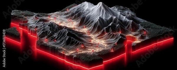 Obraz Isometric 3D Map of Mexico Showcasing Terrain Highlights and Illuminated Features on Dark Background