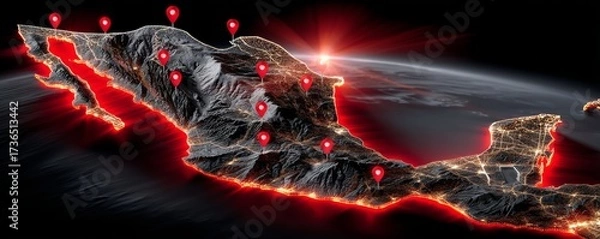 Obraz Isometric 3D Map of Mexico Showcasing Terrain Highlights with Location Markers
