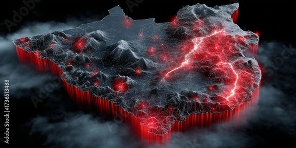 Obraz Isometric 3D Map of South Africa with Glowing Red and White Lights against Dark Background