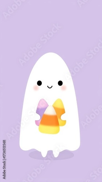 Obraz Kawaii-Style Ghost Holding Pastel Candy Corn Against Soft Lavender Background