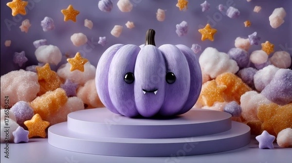 Obraz Kawaii Vampire Pumpkin on a Light Lavender Stage Surrounded by Fluffy Clouds and Stars