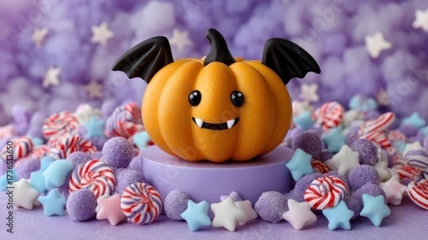 Obraz Kawaii Vampire Pumpkin on Light Lavender Stage Surrounded by Colorful Candies and Whimsical Star-Shaped Confections