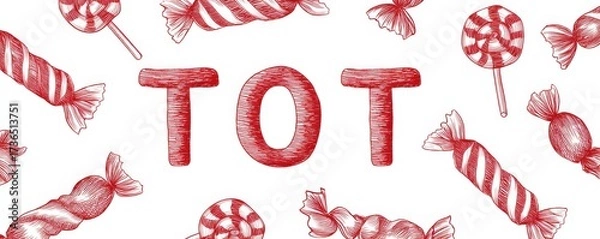 Obraz Light Sketch Style Illustration Featuring Red Candy Outlines and Spelling of 'TOT'
