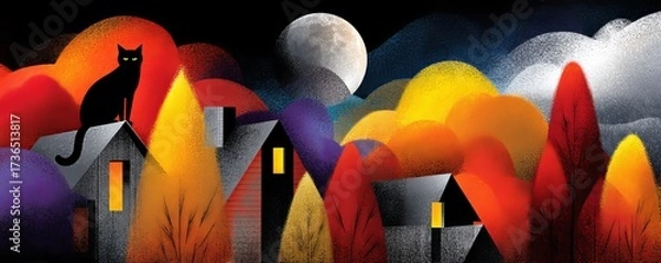 Obraz Mid-century Halloween Inspired Illustration Featuring Colorful Trees and a Black Cat Silhouetted Against a Moonlit Sky