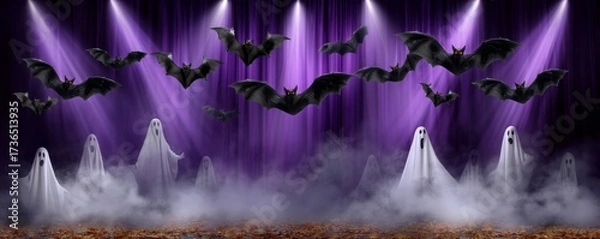 Obraz Miniature Bat Swarm Flying Over Purple Stage with Ghosts and Fog Creating an Eerie Halloween Atmosphere