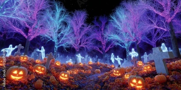 Obraz Neon Graveyard Scene with Glowing Pumpkins and Ethereal Figures Surrounded by Illuminated Trees