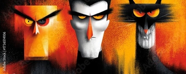 Obraz Stylized Halloween Characters with Exaggerated Features Against Orange and Black Background