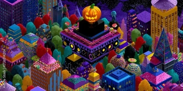 Obraz Vibrant Isometric Rooftop Halloween Party With Colorful Buildings and Pumpkin Centerpiece