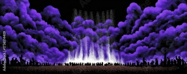 Obraz Vibrant Purple Stage with Miniature Bats Swarming Above an Audience During a Night Performance