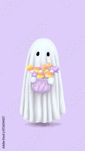 Obraz Whimsical Ghost Character Holding Colorful Pastel Candy Corn Against Soft Purple Background