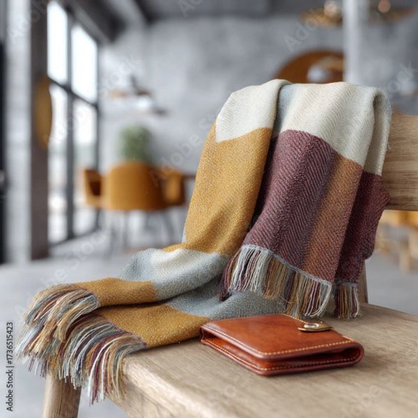 Fototapeta Cozy interior setting featuring a colorful blanket draped over a wooden chair with a wallet in a modern cafe