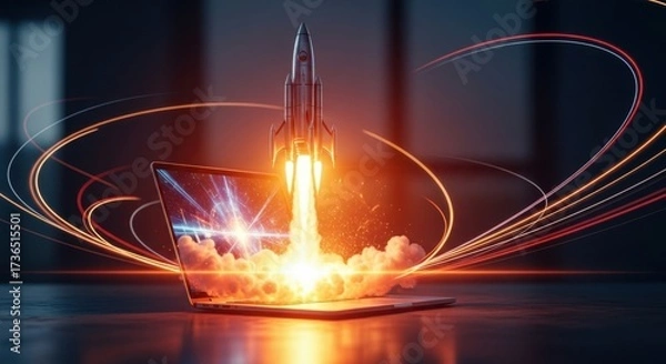Fototapeta Futuristic rocket launch ignition with fiery trails and glowing energy streams