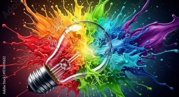 Fototapeta Vibrant explosion of rainbow colors bursting from a transparent light bulb