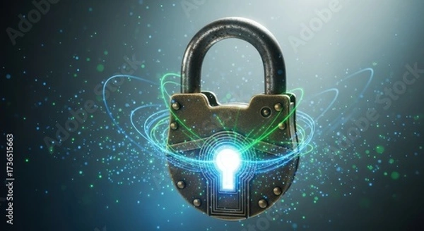 Fototapeta Secure digital padlock glowing with vibrant energy and data streams symbolizing cybersecurity protection