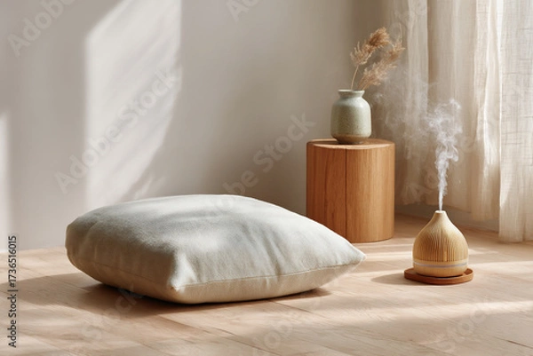 Fototapeta Cozy interior space featuring a decorative pillow, essential oil diffuser, and elegant pottery in soft natural light
