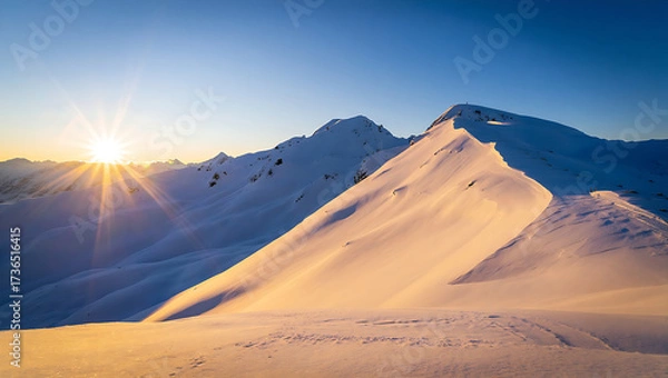 Fototapeta Snowy mountain ridges in winter sunlight
