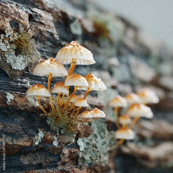 Fototapeta Mushrooms growing on a weathered log in a serene woodland setting during early morning light