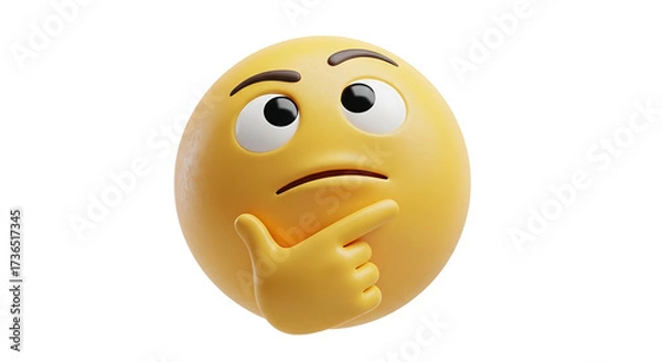 Obraz A 3D rendering of a yellow thinking face emoji with a raised eyebrow and a hand on its chin, isolated on a white background.