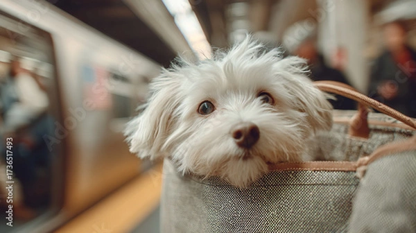 Fototapeta Cute small dog peeking out of a bag while riding on a subway train in a busy city environment