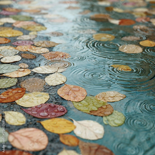Fototapeta Colorful autumn leaves float on water as raindrops create ripples in a serene outdoor scene