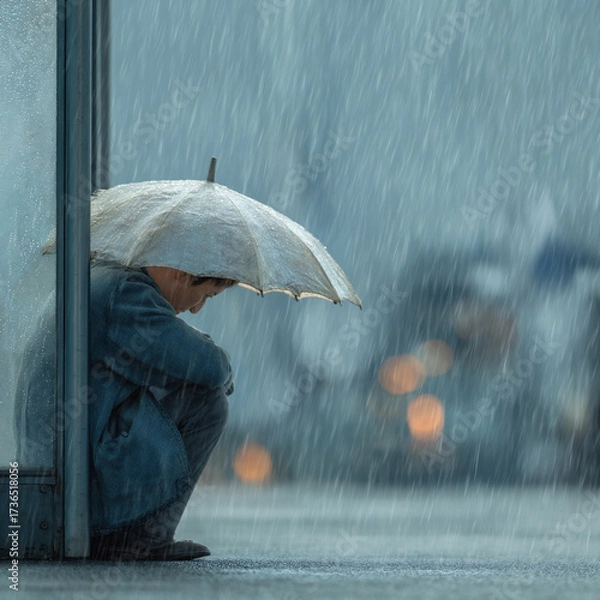 Fototapeta Person sitting under an umbrella during heavy rain in an urban setting, creating a somber atmosphere