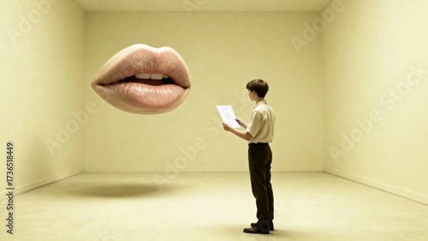 Fototapeta A boy reads from a paper to giant floating lips in a surreal, empty room. A concept of communication, public speaking, performance, and anxiety.