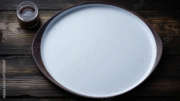 Fototapeta Empty round plate on dark wooden tableware