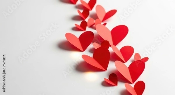 Fototapeta A string of red and pink paper hearts cascading down a white surface with shadows