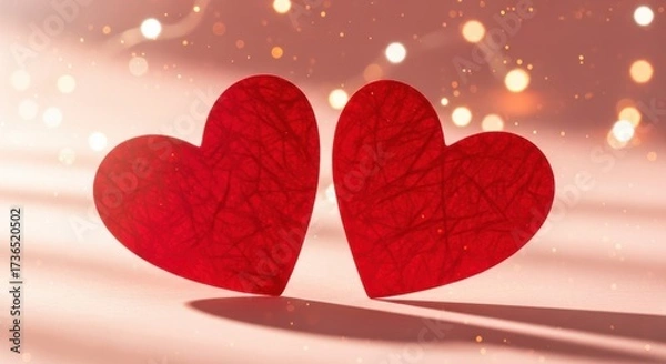 Fototapeta Two vibrant red heart shapes positioned side by side casting shadows against a soft glowing background