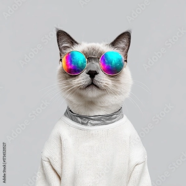 Fototapeta Cool cat wearing sweater and rainbow sunglasses with stylish look on gray background for modern design